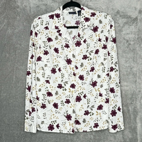 Laura Scott 10 Medium Shirt Top White Floral Long Sleeve V Neck Button Up Women - Picture 1 of 7